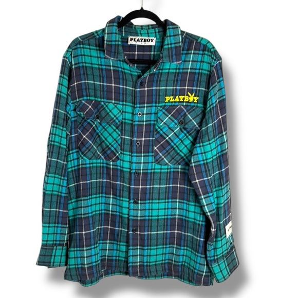 PacSun Playboy Teal Flannel Button Down Size Medium - Picture 1 of 9